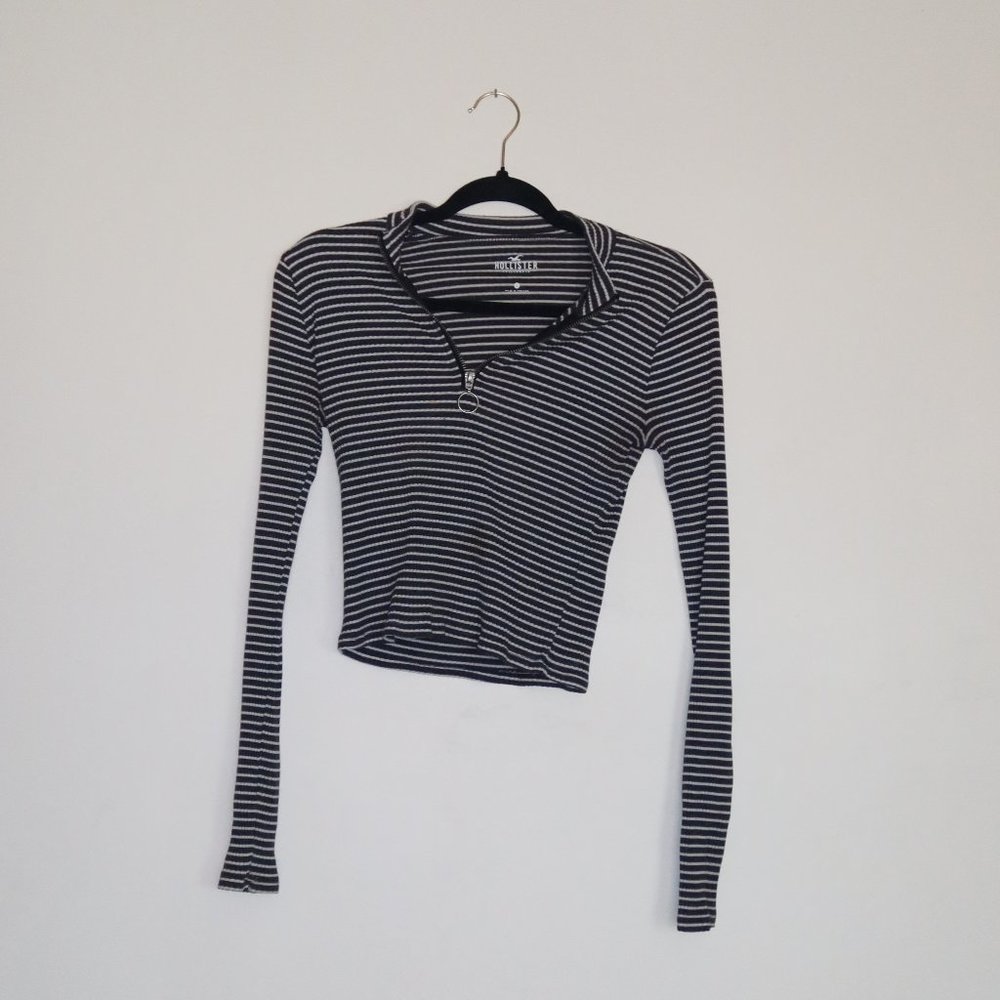 Hollister fitted quarter zip black and white stripped shirt